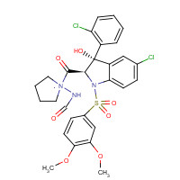 150375-75-0 (2S)-1-[[(2R,3S)-5-CHLORO-3-(2-CHLOROPHENYL)-1-[(3,4-DIMETHOXYPHENYL)SULFONYL]-2,3-DIHYDRO-3-HYDROXY-1H-INDOL-2-YL]CARBONYL]-2-PYRROLIDINECARBOXAMIDE chemical structure