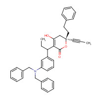 188559-25-3 [R-(R*,R*)]-3-[1-[3-[Bis(phenylmethyl)amino]phenyl]propyl]-5,6-dihydro-4-hydroxy-6-(2-phenylethyl)-6-(1-propynyl)-2H-pyran-2-one chemical structure