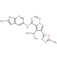 651744-16-0 5-Isopropyl-6-(5-methyl-1,3,4-oxadiazol-2-yl)-N-(2-methyl-1H-pyrrolo-[2,3-b]pyridin-5-yl)pyrrolo[2,1-f][1,2,4]triazin-4-amine chemical structure