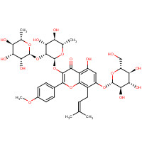 110642-44-9 3-{[6-Deoxy-2-O-(6-deoxy-a-L-mannopyranosyl)-a-L-mannopyranosyl]oxy}-5-hydroxy-2-(4-methoxyphenyl)-8-(3-methyl-2-buten-1-yl)-4-oxo-4H-chromen-7-yl b-D-glucopyranoside chemical structure