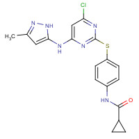 639090-55-4 N-[4-({4-Chloro-6-[(3-methyl-1H-pyrazol-5-yl)amino]-2-pyrimidinyl}sulfanyl)phenyl]cyclopropanecarboxamide chemical structure