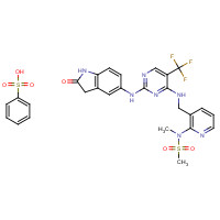 939791-38-5 benzenesulfonic acid;N-methyl-N-[3-[[[2-[(2-oxo-1,3-dihydroindol-5-yl)amino]-5-(trifluoromethyl)pyrimidin-4-yl]amino]methyl]pyridin-2-yl]methanesulfonamide chemical structure