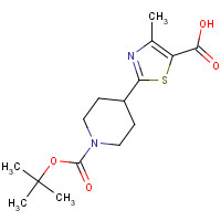 216955-61-2 4-methyl-2-[1-[(2-methylpropan-2-yl)oxycarbonyl]piperidin-4-yl]-1,3-thiazole-5-carboxylic acid chemical structure