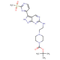 1386399-03-6 tert-butyl 4-[2-[[3-(2-methylsulfonylpyrimidin-4-yl)-2H-pyrazolo[3,4-d]pyrimidin-6-yl]amino]ethyl]piperazine-1-carboxylate chemical structure