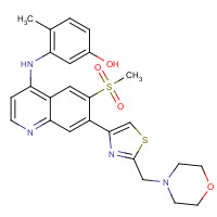 955879-81-9 4-methyl-3-[[6-methylsulfonyl-7-[2-(morpholin-4-ylmethyl)-1,3-thiazol-4-yl]quinolin-4-yl]amino]phenol chemical structure