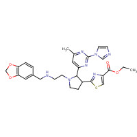 888313-42-6 ethyl 2-[1-[2-(1,3-benzodioxol-5-ylmethylamino)ethyl]-2-(2-imidazol-1-yl-6-methylpyrimidin-4-yl)pyrrolidin-3-yl]-1,3-thiazole-4-carboxylate chemical structure