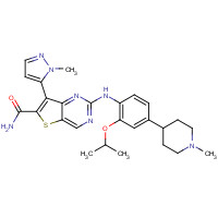 1462947-71-2 2-[4-(1-methylpiperidin-4-yl)-2-propan-2-yloxyanilino]-7-(2-methylpyrazol-3-yl)thieno[3,2-d]pyrimidine-6-carboxamide chemical structure