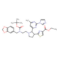 888314-81-6 ethyl 2-[1-[2-[1,3-benzodioxol-5-ylmethyl-[(2-methylpropan-2-yl)oxycarbonyl]amino]ethyl]-2-(2-imidazol-1-yl-6-methylpyrimidin-4-yl)pyrrolidin-3-yl]-1,3-thiazole-4-carboxylate chemical structure