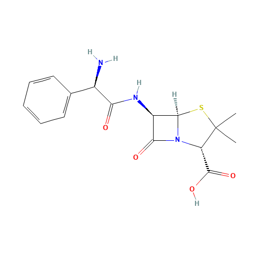 69-53-4 (2S,5R,6R)-6-[(R)-2-Amino-2-phenylacetamido]-3,3-dimethyl-7-oxo-4-thia-1-azabicyclo[3.2.0]heptane-2-carboxylic acid chemical structure
