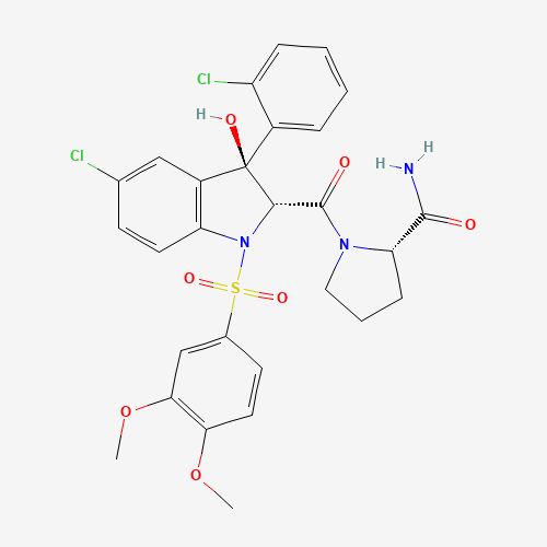 150375-75-0 (2S)-1-[[(2R,3S)-5-CHLORO-3-(2-CHLOROPHENYL)-1-[(3,4-DIMETHOXYPHENYL)SULFONYL]-2,3-DIHYDRO-3-HYDROXY-1H-INDOL-2-YL]CARBONYL]-2-PYRROLIDINECARBOXAMIDE chemical structure