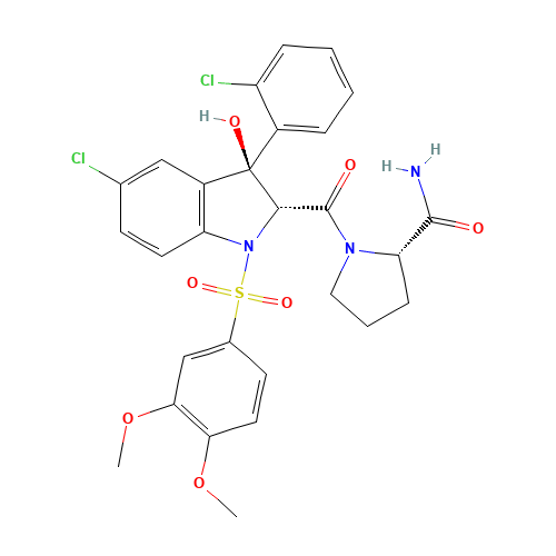150375-75-0 (2S)-1-[[(2R,3S)-5-CHLORO-3-(2-CHLOROPHENYL)-1-[(3,4-DIMETHOXYPHENYL)SULFONYL]-2,3-DIHYDRO-3-HYDROXY-1H-INDOL-2-YL]CARBONYL]-2-PYRROLIDINECARBOXAMIDE chemical structure