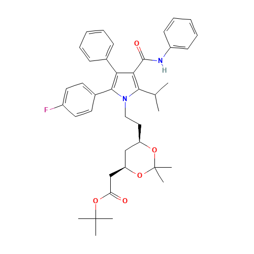 125971-95-1 tert-Butyl (4R,6R)-2-[[[6-(2-4-fluorophenyl)-5-isopropyl-3-phenyl-4-(phenylcarbamoyl)pyrrol-1-yl]ethyl]-2,2-dimethyl-1,3-dioxan-4-yl]acetate chemical structure