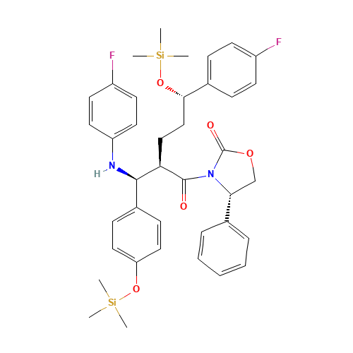272778-12-8 3-[(2R,5S)-5-(4-Fluorophenyl)-2-[(S)-[(4-fluorophenyl(amino)]][4-[trimethylsilyl]-oxy]phenyl]methyl]-1-oxo-5-[(trimethylsily)-oxy]pentyl]-4-phenyl-(4S)-2-oxazolidinone chemical structure