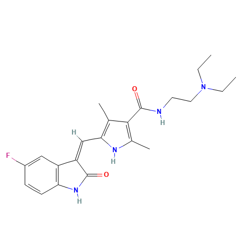 342641-94-5 N-(2-(Diethylamino)ethyl)-5-((5-fluoro-2-oxoindolin-3-ylidene)methyl)-2,4-dimethyl-1H-pyrrole-3-carboxamide chemical structure