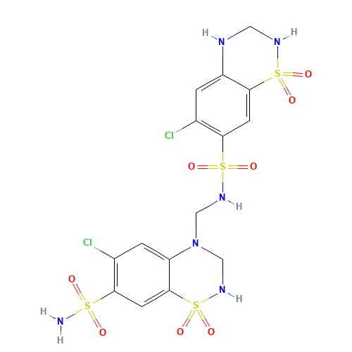402824-96-8 N-[[7-(Aminosulfonyl)-6-chloro-2,3-dihydro-1,1-dioxo-4H-1,2,4-benzothiadiazin-4-yl]methyl]-6-chloro-3,4-dihydro-1,1-dioxo-2H-1,2,4-benzothiadiazine-7-sulfonamide Hydrochlorothiazide Impurity C; chemical structure