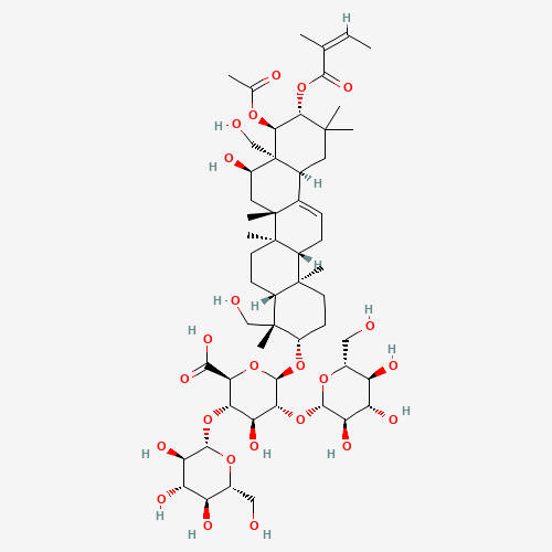 26339-90-2 (3b,16a,21b,22a)-22-Acetoxy-16,24,28-trihydroxy-21-{[(2Z)-2-methyl-2-butenoyl]oxy}olean-12-en-3-yl b-D-glucopyranosyl-(1->2)-[b-D-glucopyranosyl-(1->4)]-b-D-glucopyranosiduronic acid chemical structure