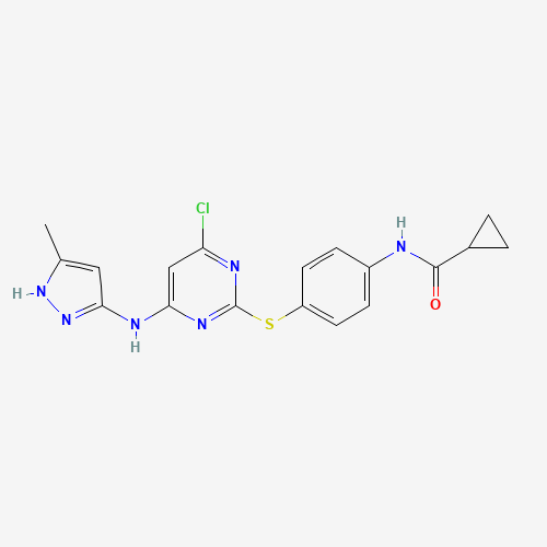639090-55-4 N-[4-({4-Chloro-6-[(3-methyl-1H-pyrazol-5-yl)amino]-2-pyrimidinyl}sulfanyl)phenyl]cyclopropanecarboxamide chemical structure