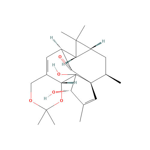 77573-43-4 (6R)-6,6aβ,7aβ,8,9,12,12a,12bβ-Octahydro-12α,12aα-dihydroxy-2,2,7,7,9β,11-hexamethyl-7H-6β,9aβ-methano-4H-cyclopenta[9,10]cyclopropa[5,6]cyclodeca[1,2-d]-1,3-dioxin-13-one chemical structure