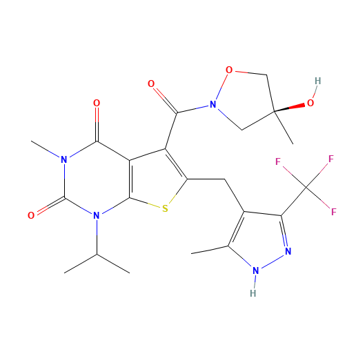 1448671-31-5 Thieno[2,3-d]pyrimidine-2,4(1H,3H)-dione, 5-[[(4S)-4-hydroxy-4-methyl-2-isoxazolidinyl]carbonyl]-3-methyl-1-(1-methylethyl)-6-[[5-methyl-3-(trifluoromethyl)-1H-pyrazol-4-yl]methyl]- chemical structure