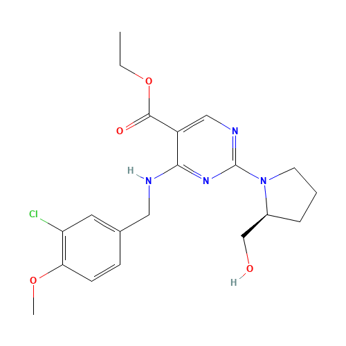 330785-83-6 ethyl 4-{[(3-chloro-4-methoxyphenyl)methyl]amino}-2-[(2S)-2-(hydroxymethyl) pyrrolidin-1-yl]pyrimidine-5-carboxylate chemical structure