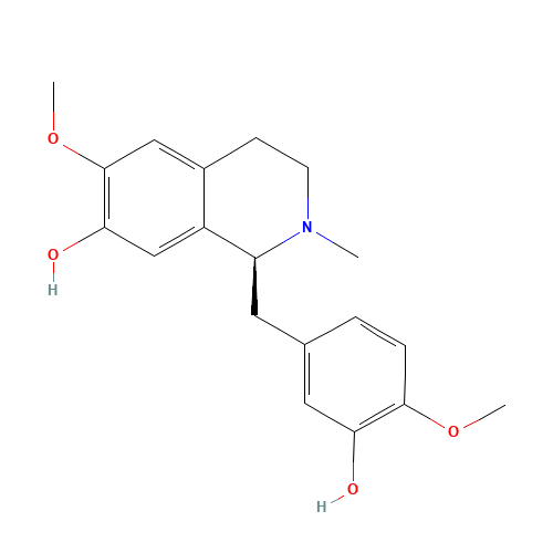 485-19-8 (1S)-1-[(3-hydroxy-4-methoxyphenyl)methyl]-6-methoxy-2-methyl-3,4-dihydro-1H-isoquinolin-7-ol chemical structure