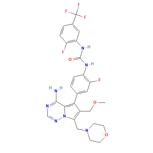 939805-30-8 1-[4-[4-amino-6-(methoxymethyl)-7-(morpholin-4-ylmethyl)pyrrolo[2,1-f][1,2,4]triazin-5-yl]-2-fluorophenyl]-3-[2-fluoro-5-(trifluoromethyl)phenyl]urea chemical structure