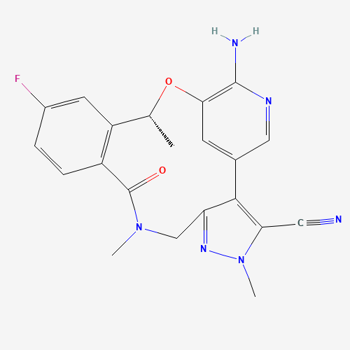 1454846-35-5 7-amino-12-fluoro-2,10,16-trimethyl-15-oxo-10,15,16,17-tetrahydro-2H-8,4-(metheno)pyrazolo(4,3-h)(2,5,11)benzoxadiazacyclotetradecine-3-carbonitrile chemical structure