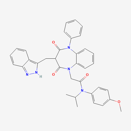 00-00-0 2-[3-(2H-indazol-3-ylmethyl)-2,4-dioxo-5-phenyl-1,5-benzodiazepin-1-yl]-N-(4-methoxyphenyl)-N-propan-2-ylacetamide chemical structure
