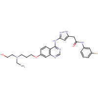 722544-51-6 2-[3-[[7-[3-[ethyl(2-hydroxyethyl)amino]propoxy]quinazolin-4-yl]amino]-1H-pyrazol-5-yl]-N-(3-fluorophenyl)acetamide chemical structure