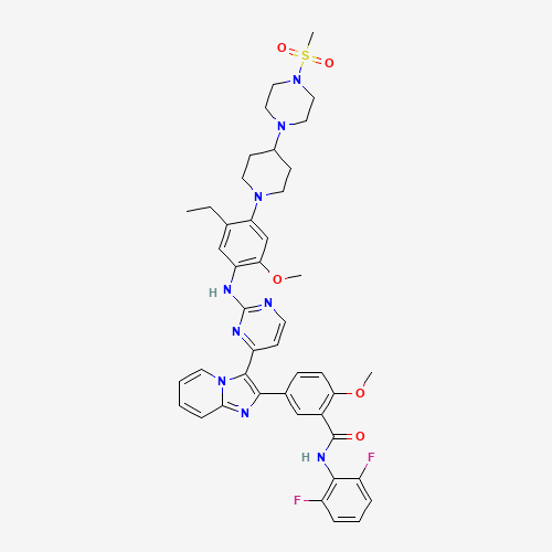 1089283-49-7 N-(2,6-difluorophenyl)-5-[3-[2-[5-ethyl-2-methoxy-4-[4-(4-methylsulfonylpiperazin-1-yl)piperidin-1-yl]anilino]pyrimidin-4-yl]imidazo[1,2-a]pyridin-2-yl]-2-methoxybenzamide chemical structure