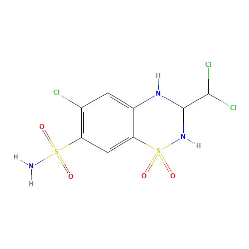 133-67-5 6-chloro-3-(dichloromethyl)-1,1-dioxo-3,4-dihydro-2H-1$l^{6},2,4-benzothiadiazine-7-sulfonamide chemical structure