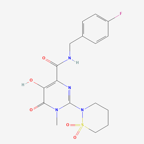 729607-74-3 2-(1,1-dioxothiazinan-2-yl)-N-[(4-fluorophenyl)methyl]-5-hydroxy-1-methyl-6-oxopyrimidine-4-carboxamide chemical structure