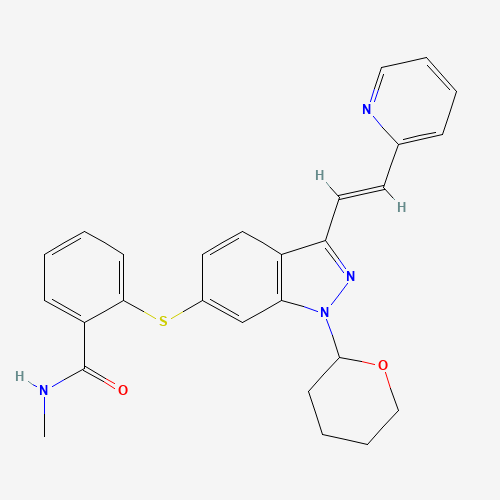 885126-35-2 N-Methyl-2-[[3-[(1E)-2-(2-pyridinyl)ethenyl]-1-(tetrahydro-2H-pyran-2-yl)-1H-indazol-6-yl]thio]benzamide chemical structure