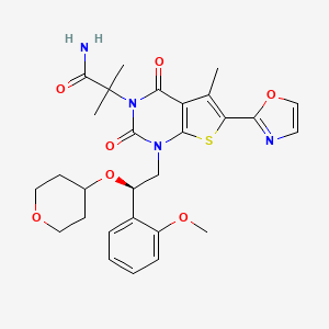 1434639-57-2 2-[1-[(2~{r})-2-(2-Methoxyphenyl)-2-(Oxan-4-Yloxy)ethyl]-5-Methyl-6-(1,3-Oxazol-2-Yl)-2,4-Bis(Oxidanylidene)thieno[2,3-D]pyrimidin-3-Yl]-2-Methyl-Propanamide chemical structure